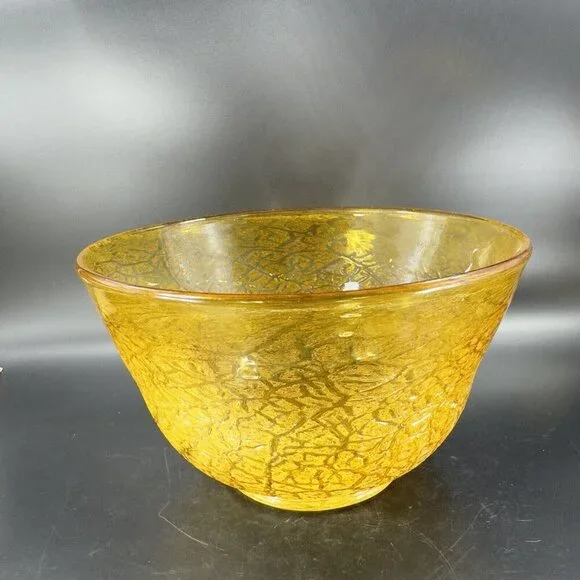 Studio Art Glass Large Bowl Dish Yellow Lava Texture HandBlown Glass Centerpiece
